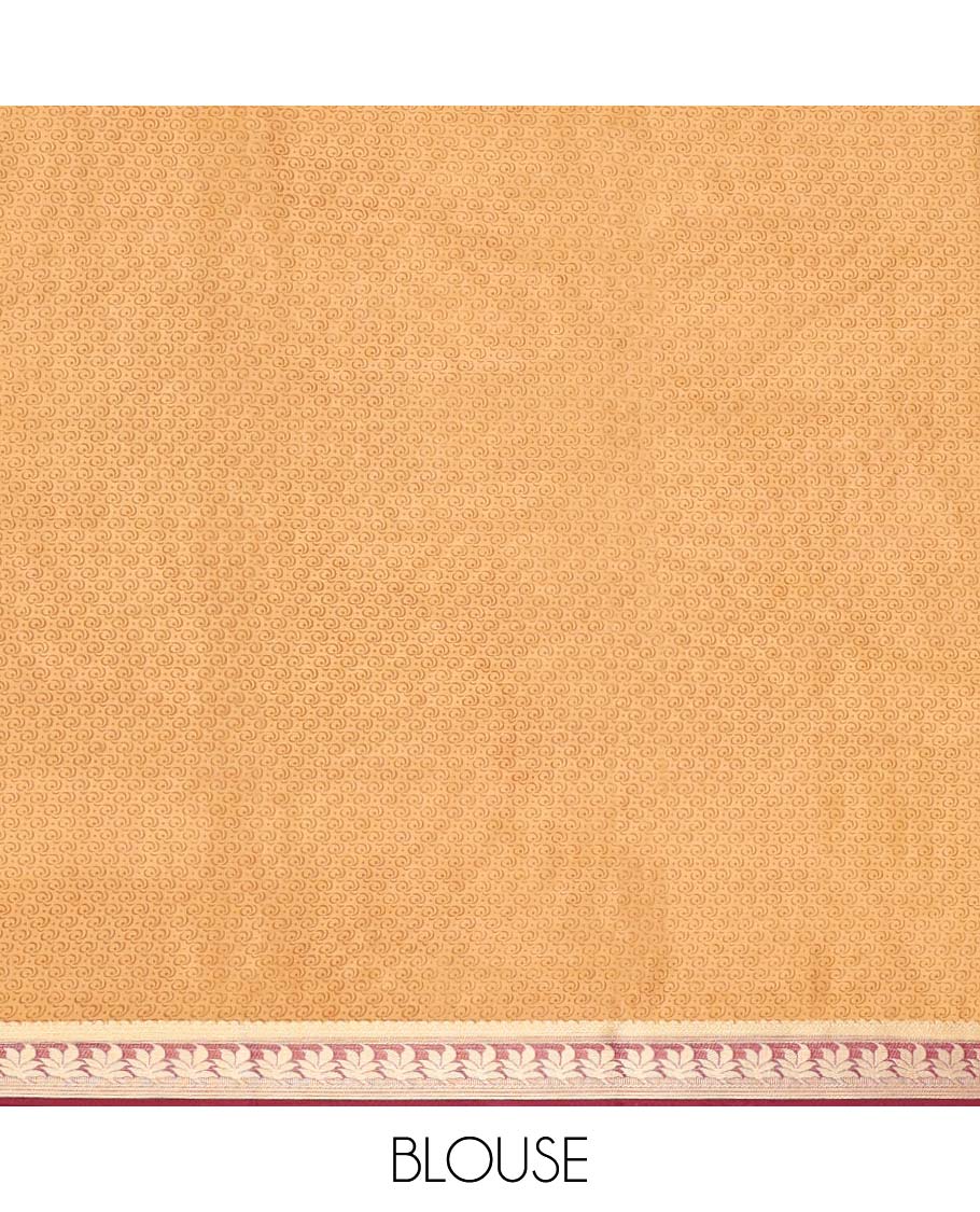 Orange intricately printed semi-banaras printed saree, contrast floral border & intricate pallu