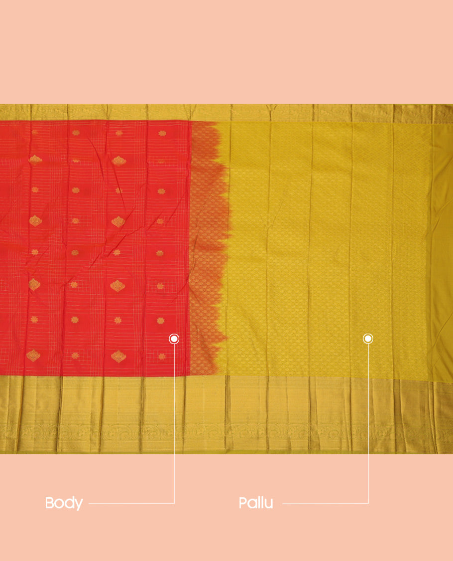 Red Budget Silk Saree, Enriched with Zari Buttas and Checks, a Contrast Traditional Zari Border, Grand Jaal Pallu, and a Contrast Blouse