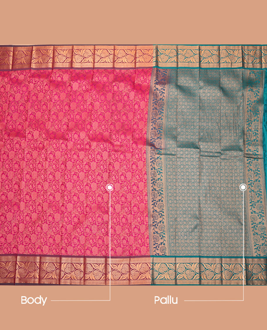 Pink Budget Silk Saree, Spotlighted with Floral Jacquard Design, Complemented by a Contrast Floral Creeper Zari Border, Grand Pallu, and Contrast Blouse