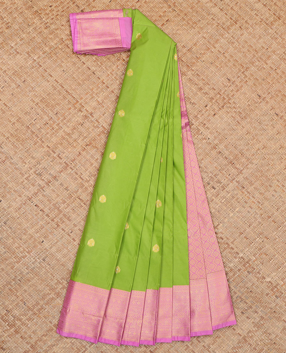 Green Budget Silk Saree Features Zari Buttas, Complemented by Contrast Traditional Zari Border, a Jaal Pallu and a Contrast Blouse
