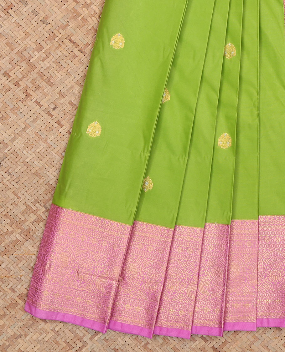 Green Budget Silk Saree Features Zari Buttas, Complemented by Contrast Traditional Zari Border, a Jaal Pallu and a Contrast Blouse