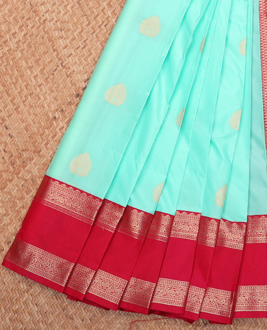 Light Turquoise Budget Silk Saree, Embellished with Zari Buttas, Complemented by a Contrast Traditional Zari Rettai Pettu Border, Grand Pallu, and Contrast Blouse