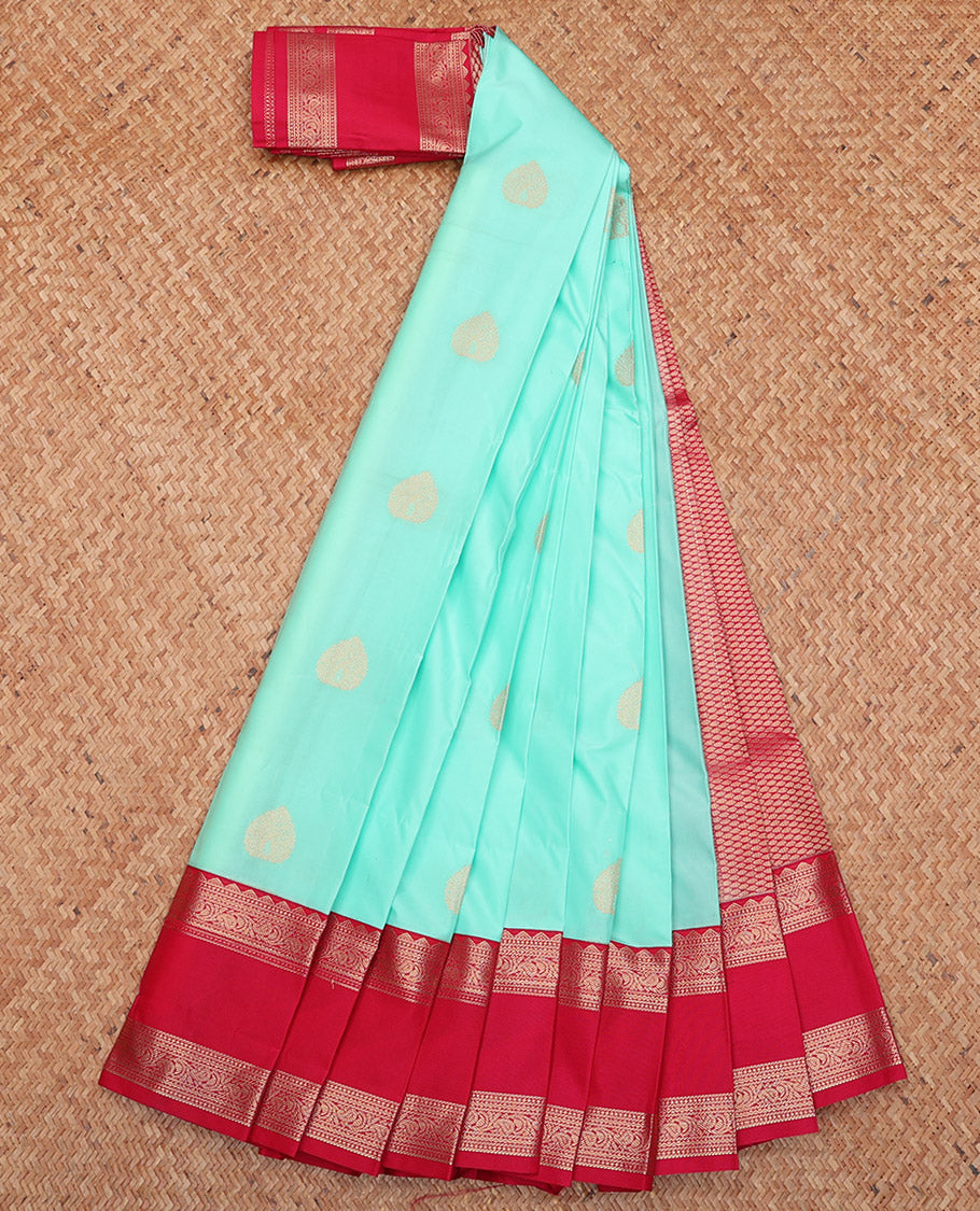 Light Turquoise Budget Silk Saree, Embellished with Zari Buttas, Complemented by a Contrast Traditional Zari Rettai Pettu Border, Grand Pallu, and Contrast Blouse