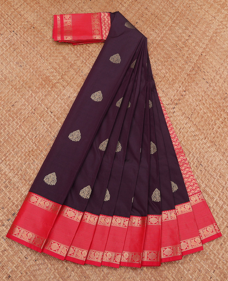 Maroon Budget Silk Saree, Accentuated with Zari Buttas, Complemented by a Contrast Traditional Zari Border, Paisley Pallu, and a Contrast Blouse