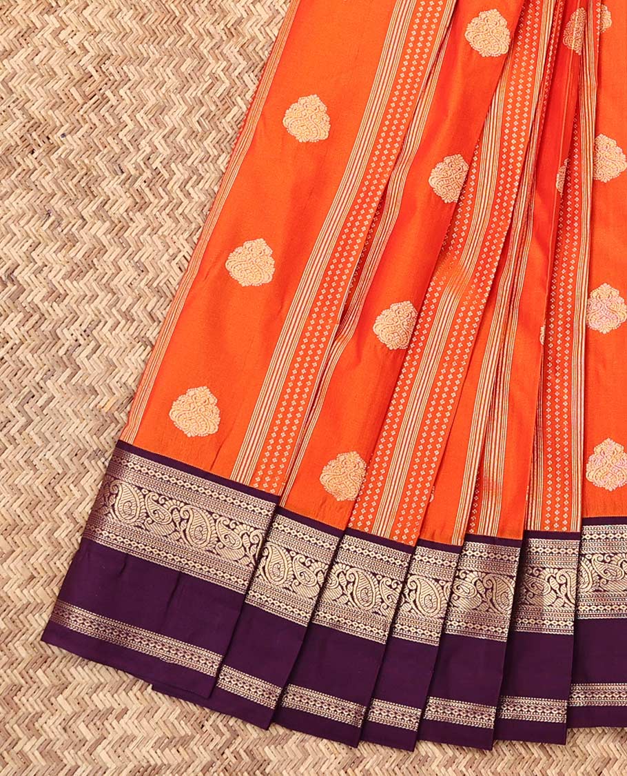Orange Budget Silk Saree, Masterfully Woven with Zari Buttas and Stripes, a Contrast Traditional Zari Rettai Pettu Border, Grand Pallu, and a Contrast Blouse
