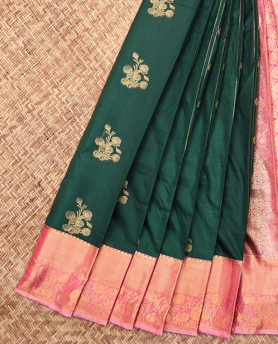 Green Budget Silk Saree, Graced with Zari Buttas and Stripes, Complemented by Contrast Traditional Zari Border, a Grand Jaal Pallu and a Contrast Blouse