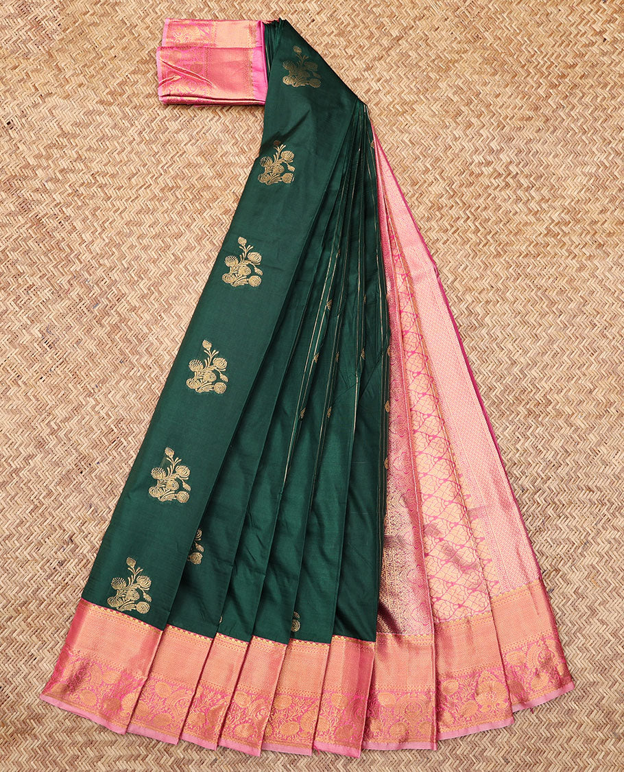 Green Budget Silk Saree, Graced with Zari Buttas and Stripes, Complemented by Contrast Traditional Zari Border, a Grand Jaal Pallu and a Contrast Blouse