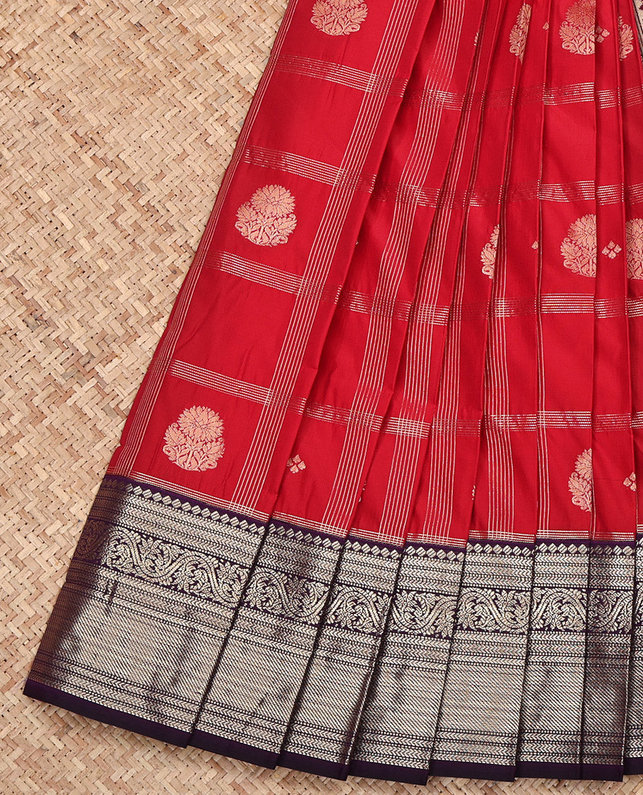 Red Budget Silk Saree, Accentuated with Zari Butta Enclosed Checked Design on Its Body, Complemented by a Contrast Traditional Zari Design Border, Grand Jaal-Patterned Pallu, and Paired with a Contrast Blouse