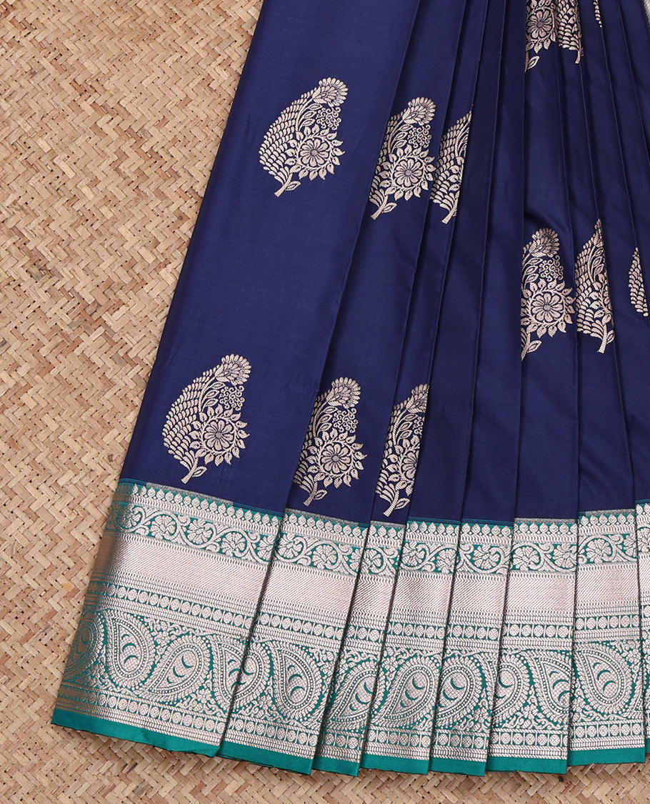 Blue Budget Silk Saree, Gleamed Up with Zari Buttas All Over Its Body, Complemented by a Contrast Traditional Zari Design Border, Intricate Pallu, and Paired with a Contrast Blouse