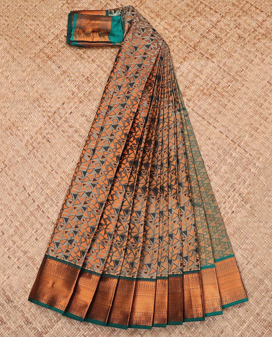 Grey Budget Silk Saree, Mesmerized with Triangle Design, Complemented by a Contrast Traditional Zari Border, Intricately Designed Pallu, and a Contrast Blouse