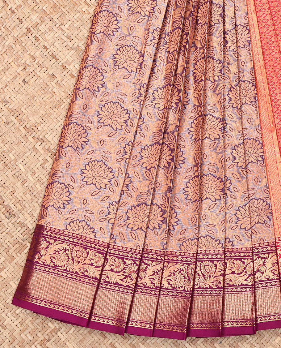 Grey Budget Silk Saree, Elevated with Floral Jacquard Design, Complemented by a Contrast Traditional Zari Border, Grand Pallu, and Contrast Blouse