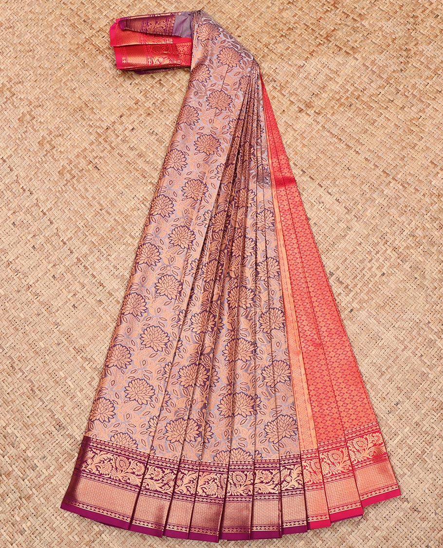 Grey Budget Silk Saree, Elevated with Floral Jacquard Design, Complemented by a Contrast Traditional Zari Border, Grand Pallu, and Contrast Blouse
