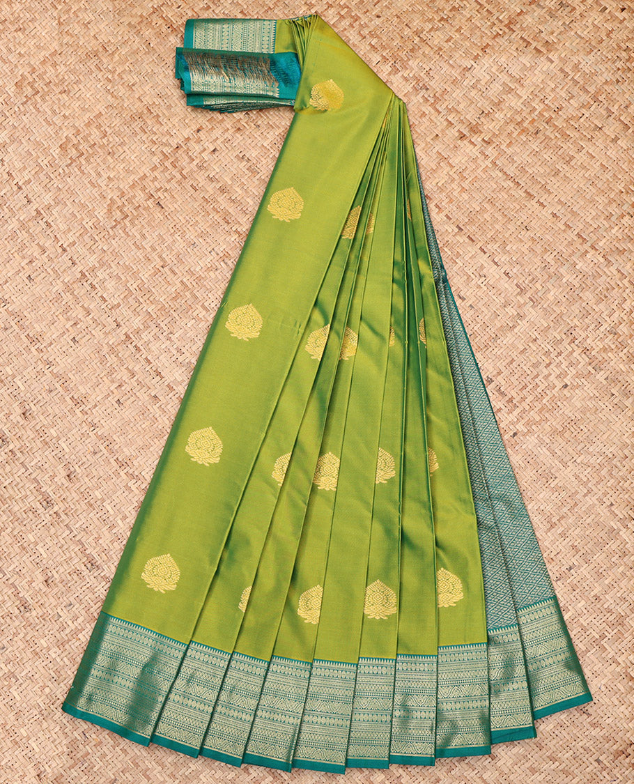 Leaf Green Budget Silk Saree, Bedecked with Zari Buttas, Complemented by a Contrast Traditional Zari Border, Jaal Pallu, and a Contrast Blouse