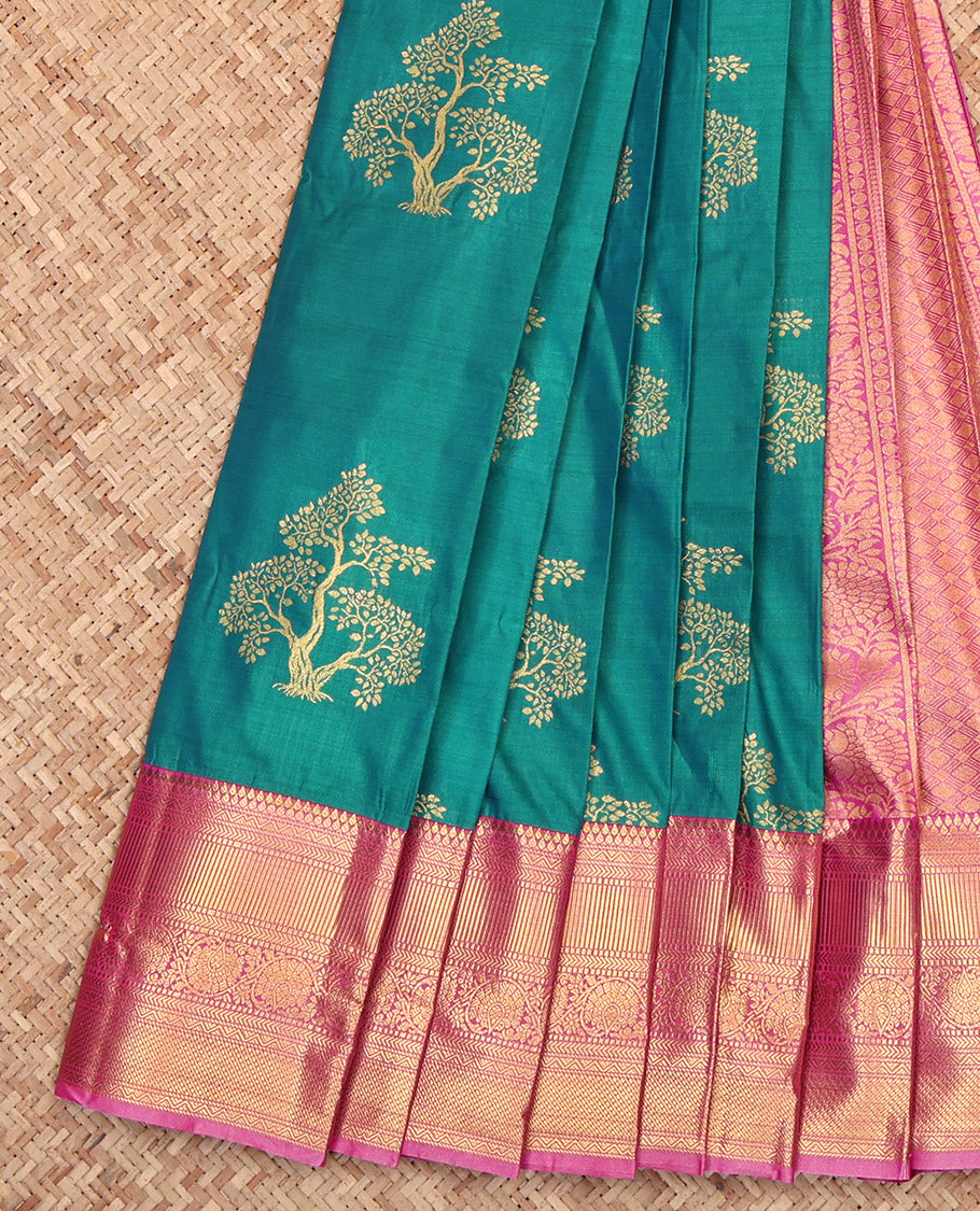 Green Budget Silk Saree, Woven with Tree Zari Buttas, Complemented by a Contrast Traditional Border, Grand Pallu, and a Contrast Blouse
