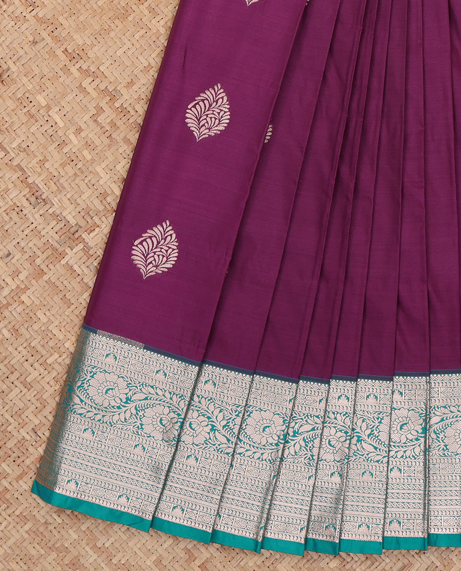 Violet Budget Silk Saree, Decorated with Zari Buttas, Complemented by a Contrast Traditional Zari Border, Grand Pallu, and a Contrast Blouse