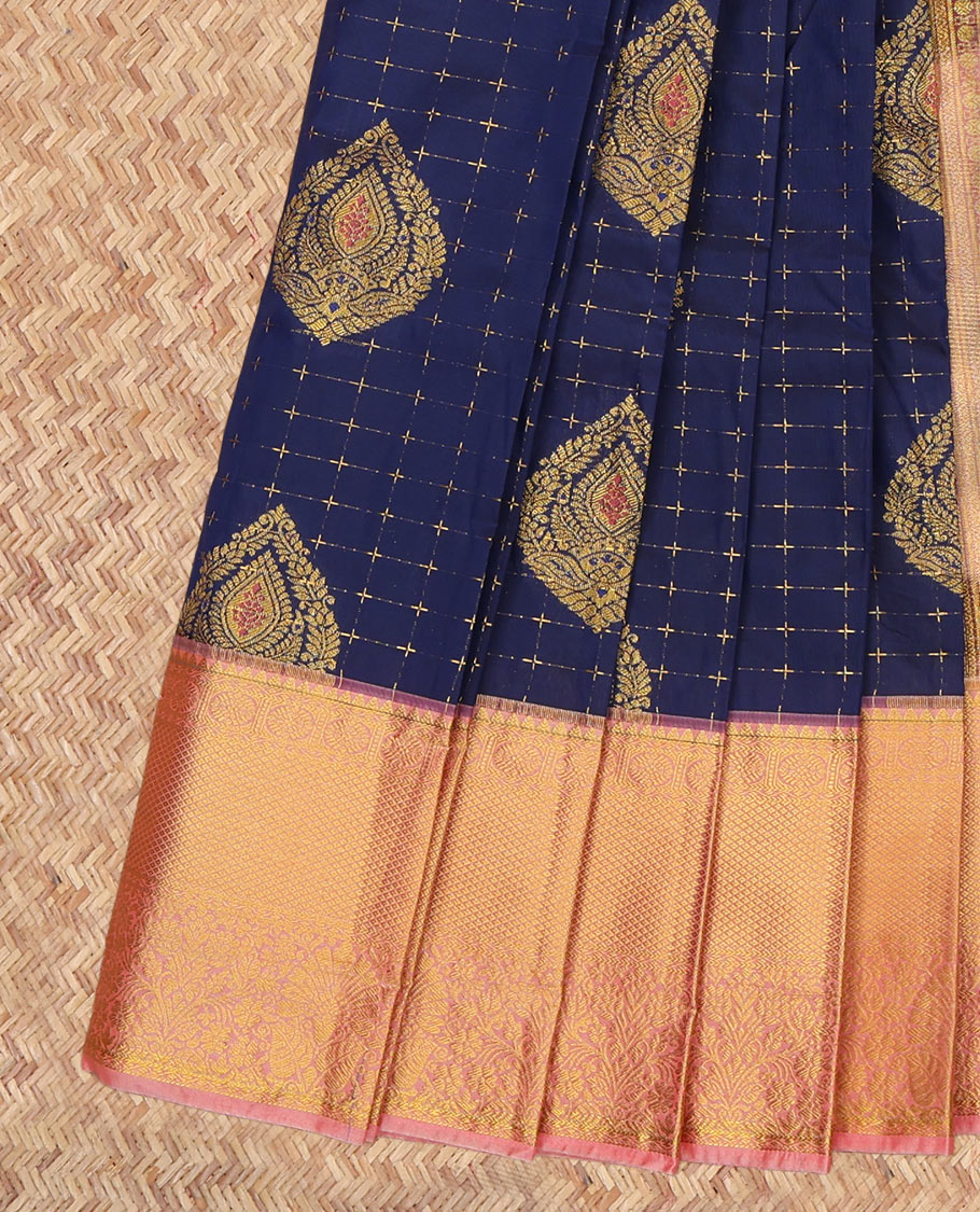 Blue Budget Silk Saree, Enriched with Zari Buttas and Checks, a Contrast Traditional Zari Border, Grand Pallu, and a Contrast Blouse