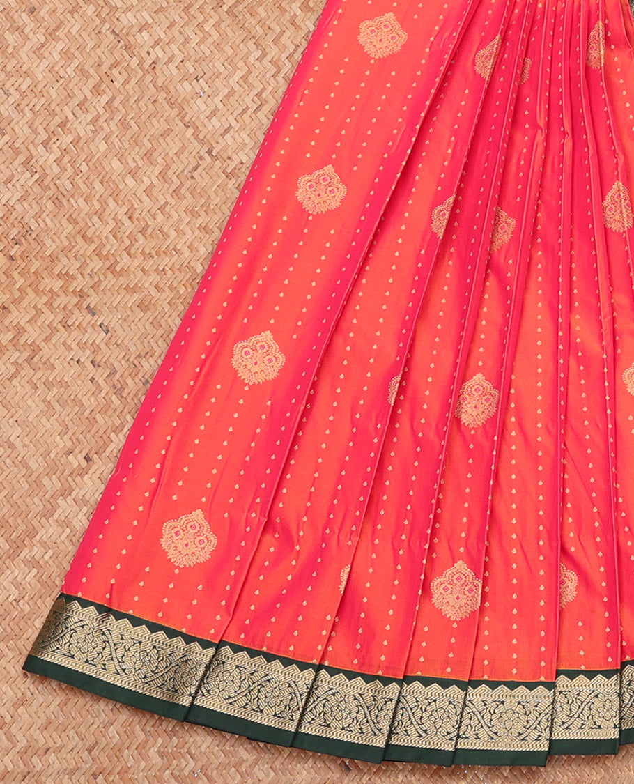 Orange Budget Silk Saree, Meticulously Crafted with Zari Buttas, Complemented by a Contrast Traditional Zari Border, Geometric Pallu, and a Contrast Blouse