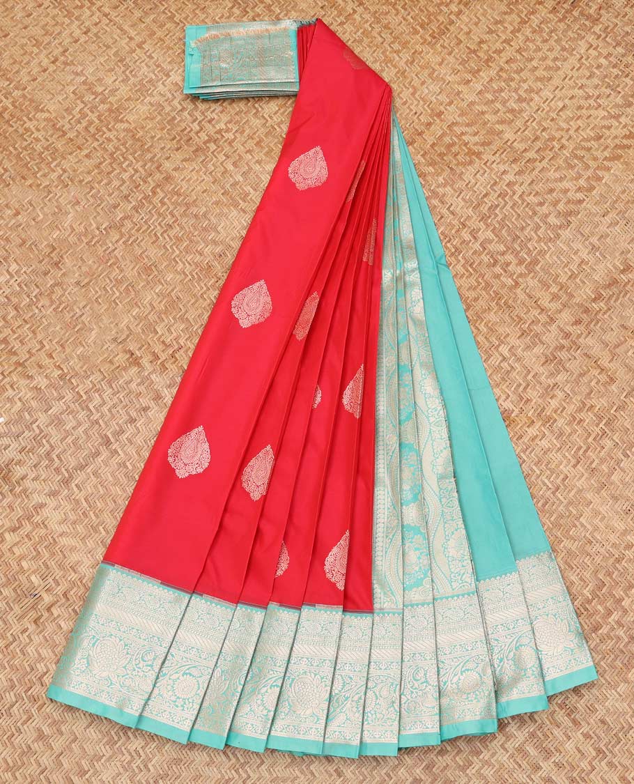 Red Budget Silk Saree, Detailed with Zari Buttas, Complemented by Contrast Traditional Zari Border, a Grand Pallu and a Contrast Blouse
