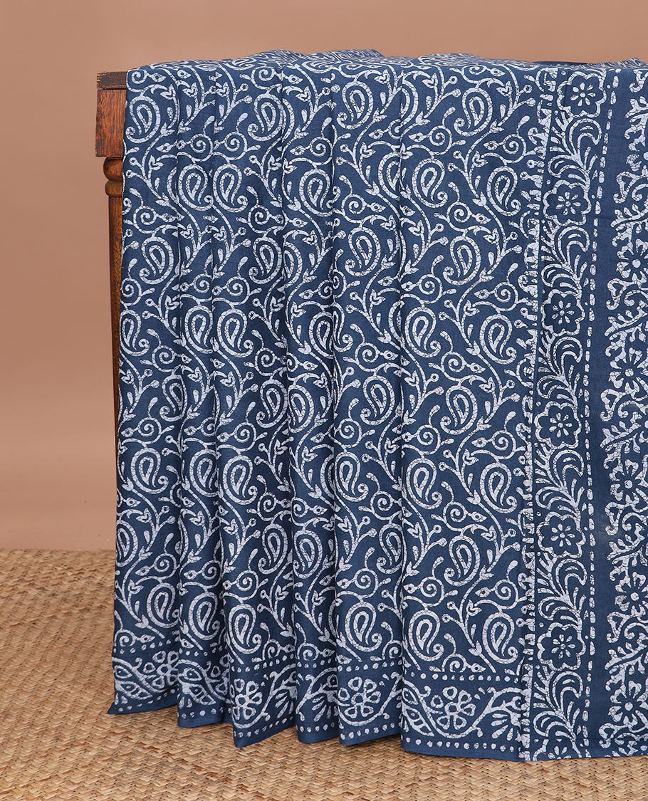 Blue batik floral-paisley vine printed mul mul cotton saree, floral creeper batik printed border & batik printed pallu