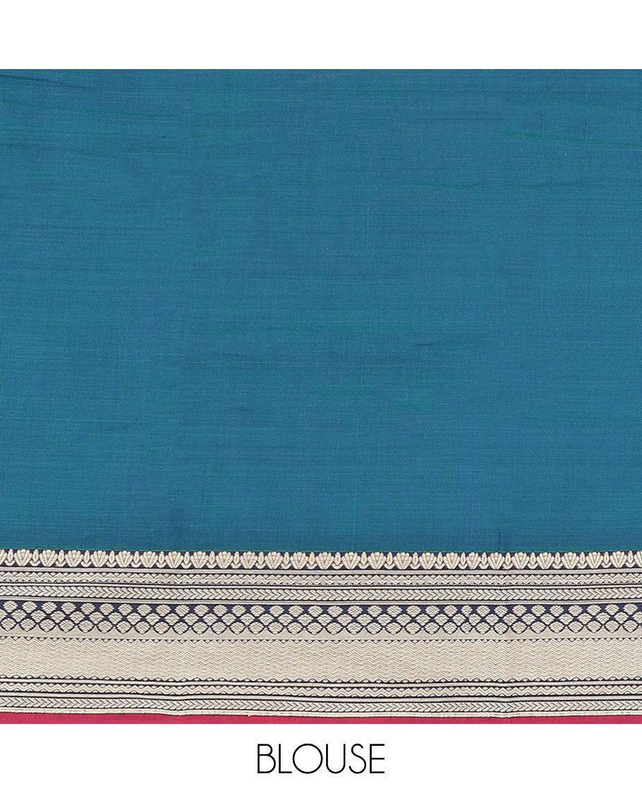 Blue plain design Narayanpet cotton saree, contrast traditional kanchi motifs, thread-woven border & striped pallu