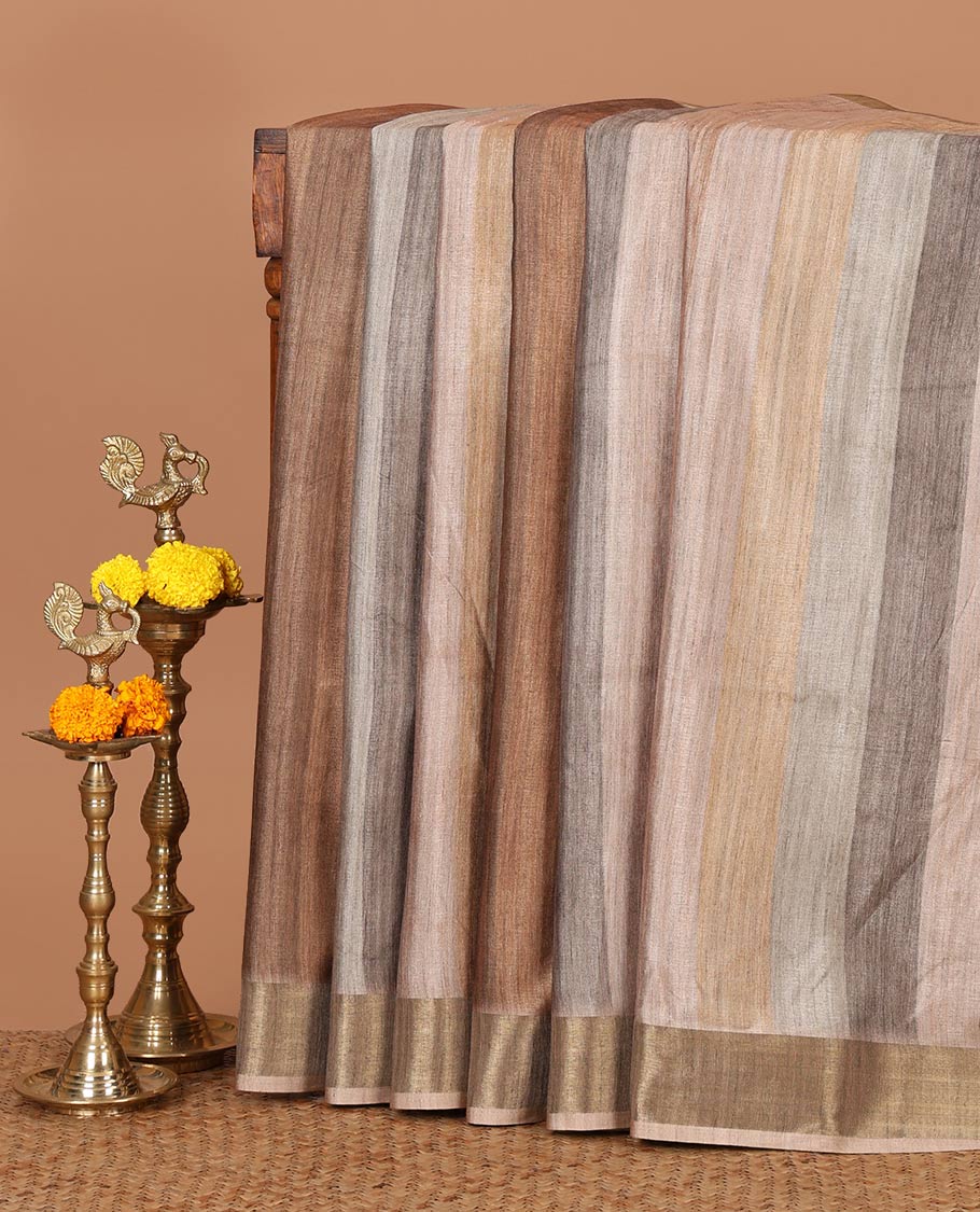 Brown hand-brush-dye theme printed semi-tusser silksaree,bavanji zari border,Madhubani printed pallu & floral print blouse