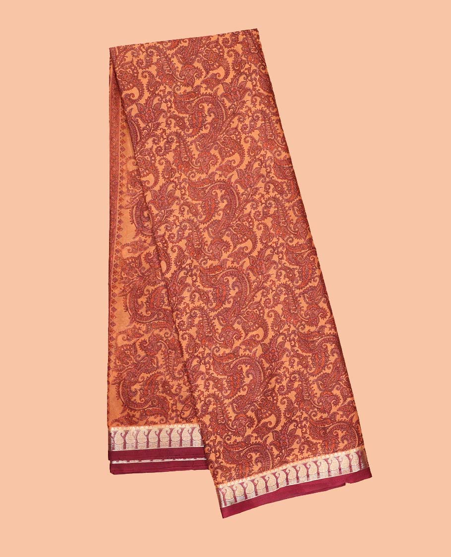 Orange paisley vine semi-banaras printed saree, contrast paisleys border & intricate pallu