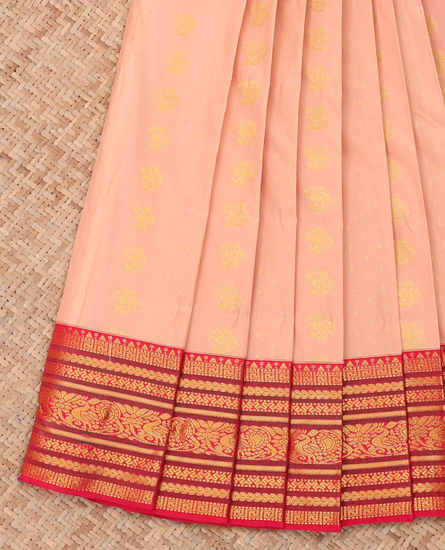 Peach Budget Silk Saree, Sparsely Woven with Zari Buttas, a Contrast Traditional Zari Border, Grand Pallu, and a Contrast Blouse