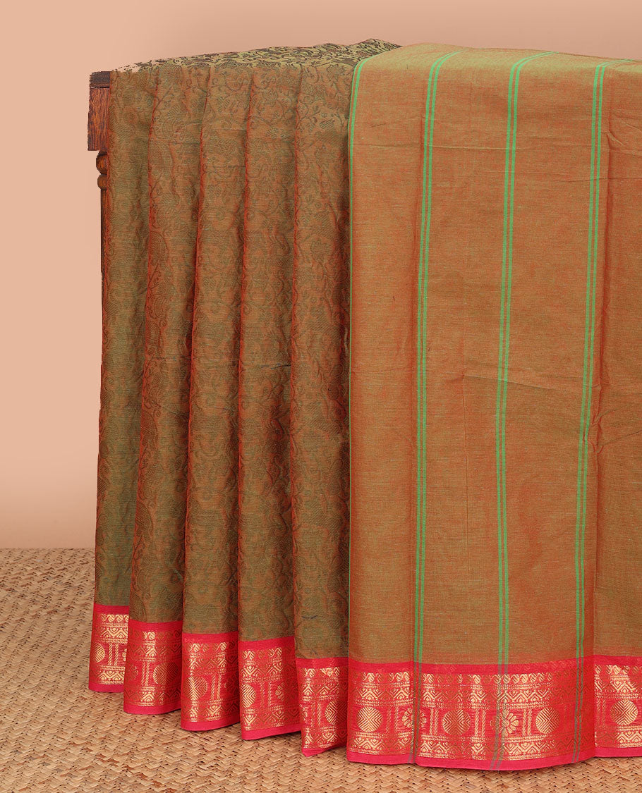 Brown chettinad cotton saree with contrast zari design border & striped pallu