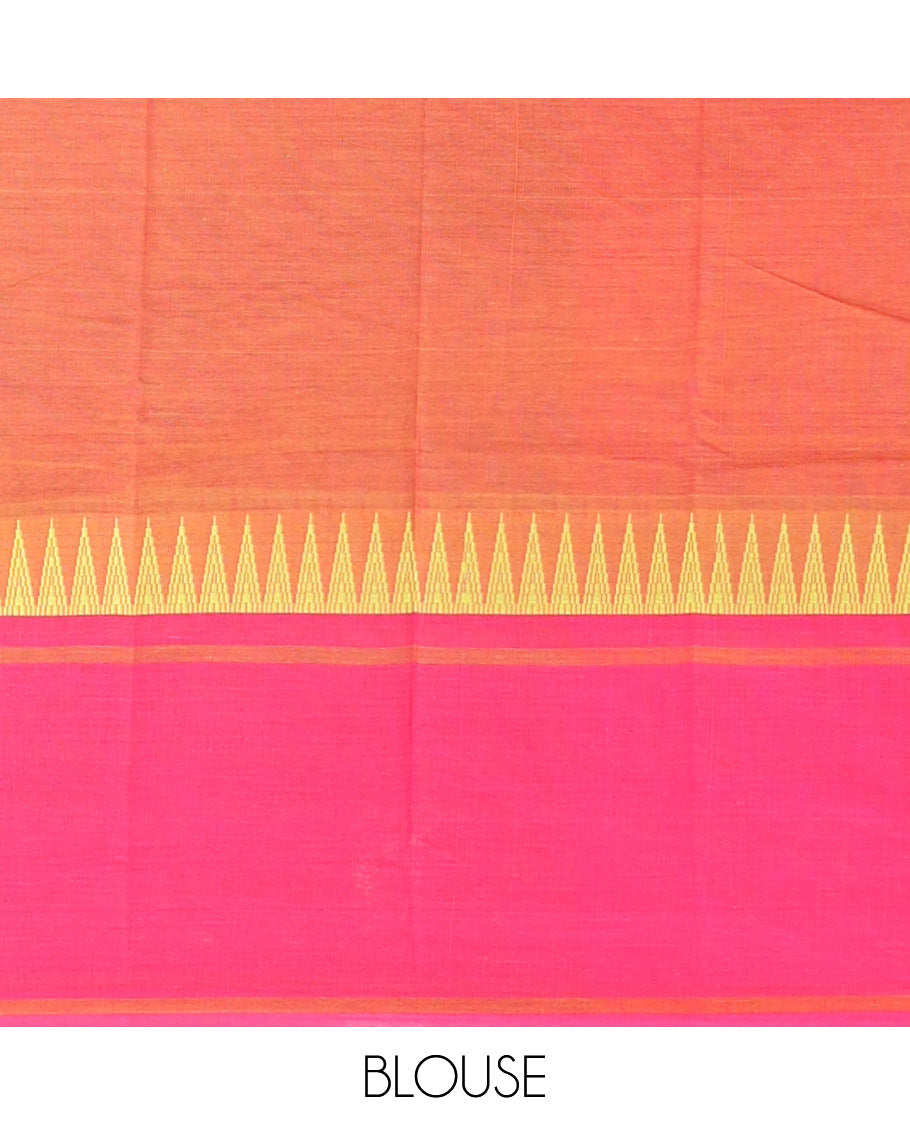 Mustard plain chirala cotton saree, contrast rettai pettu thread temple border & striped pallu