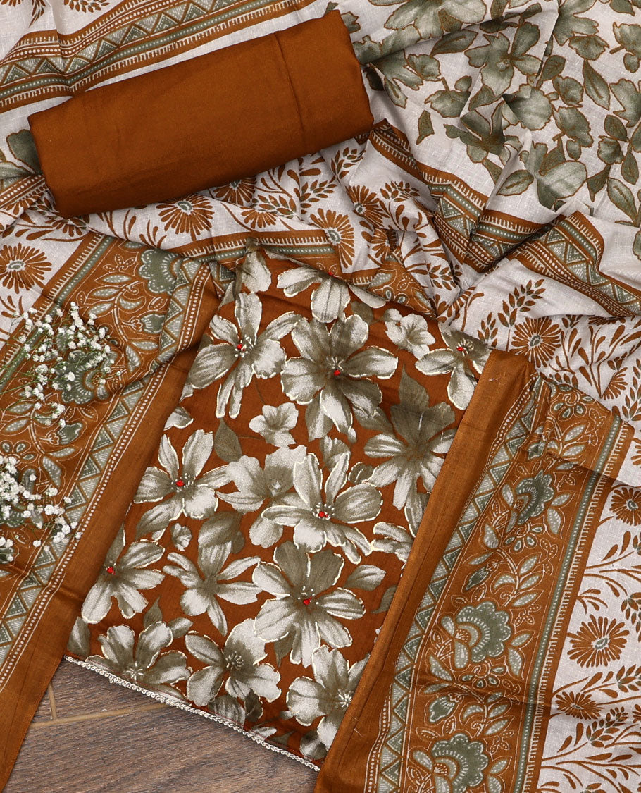 Rust material chudidar set, floral printed top, plain bottom and floral printed dupatta