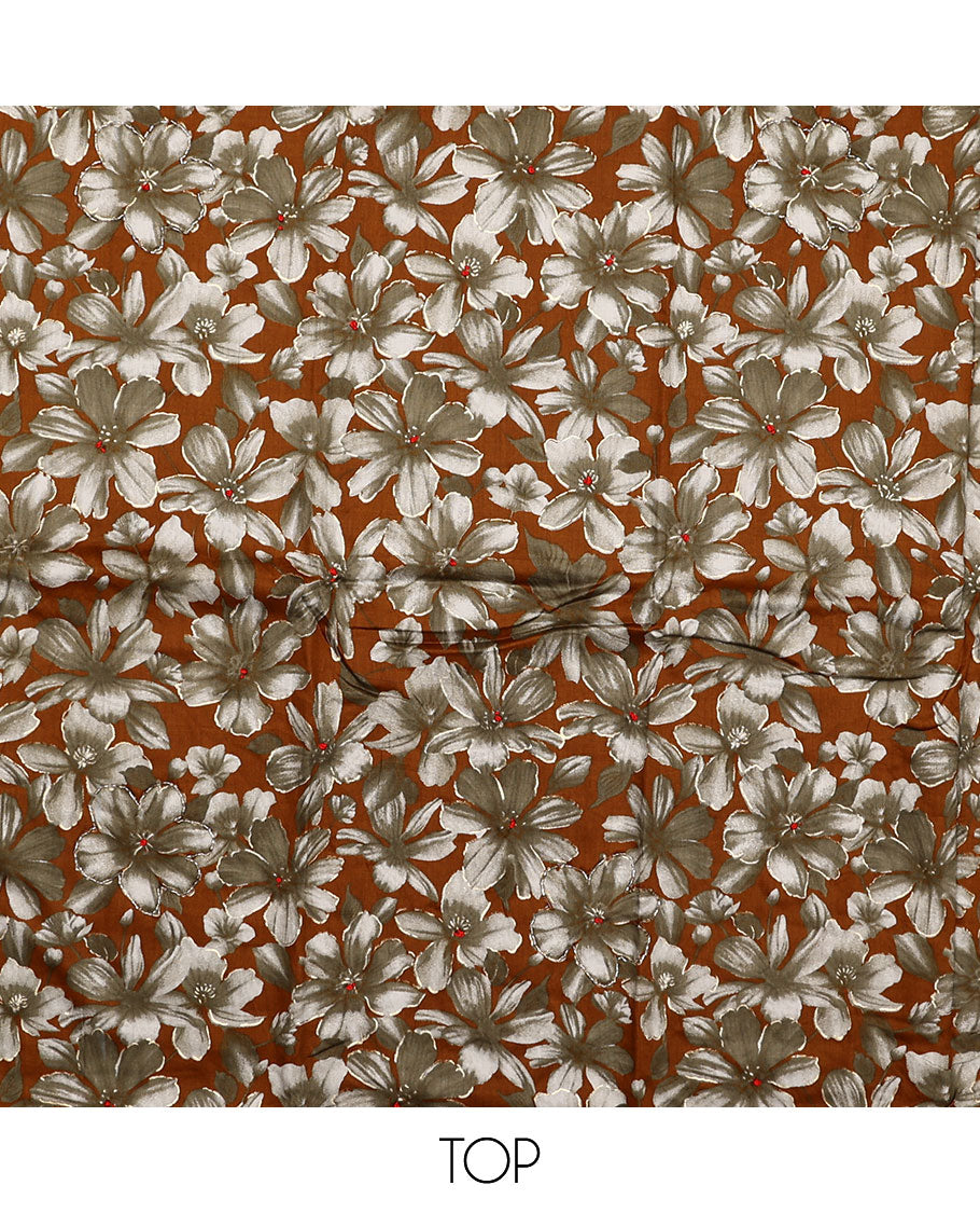 Rust material chudidar set, floral printed top, plain bottom and floral printed dupatta