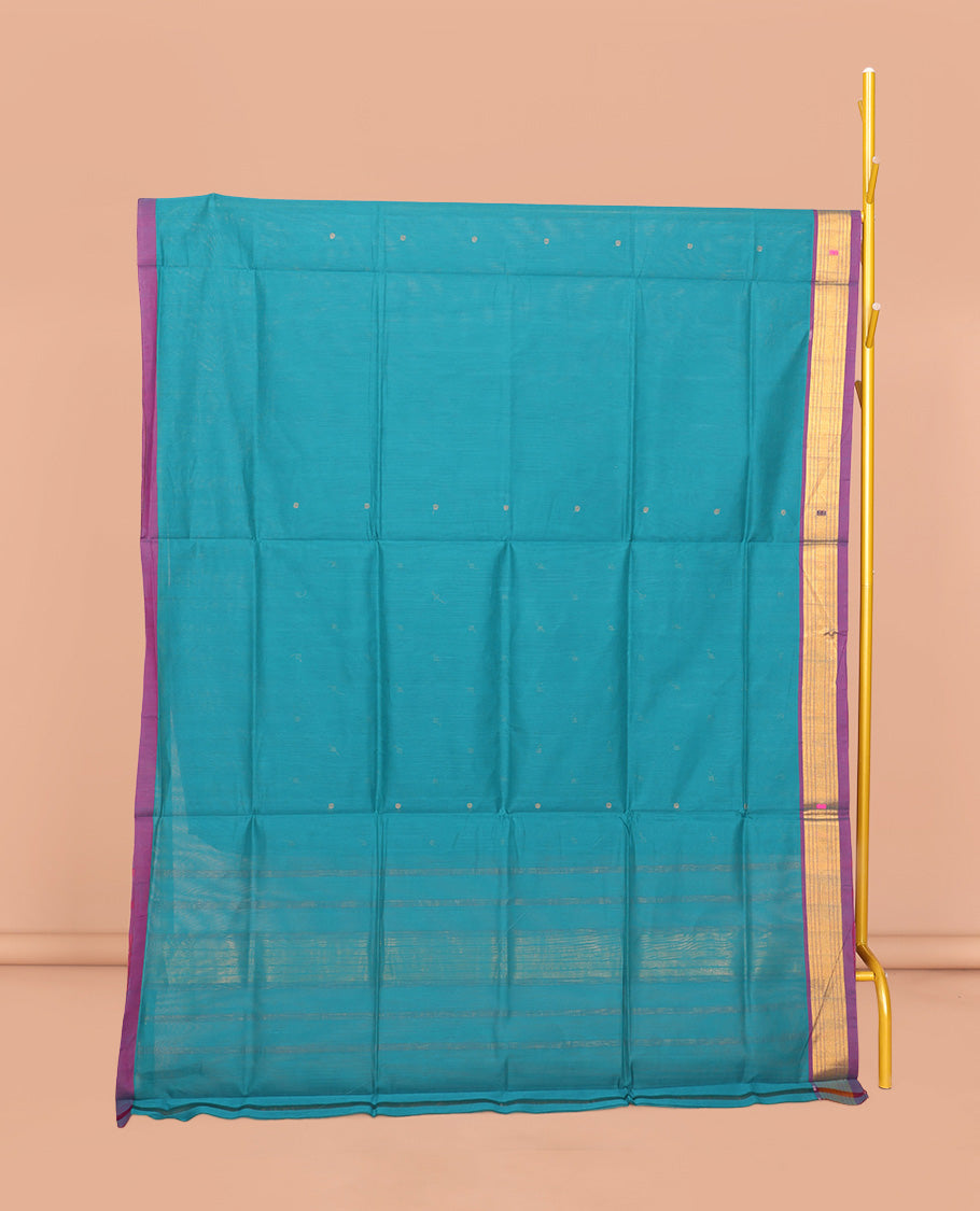 Blue Venkatagiri Cotton Saree Features Buttas, a Contrast Zari-Thread Border, Pallu of Stripes, and No Blouse