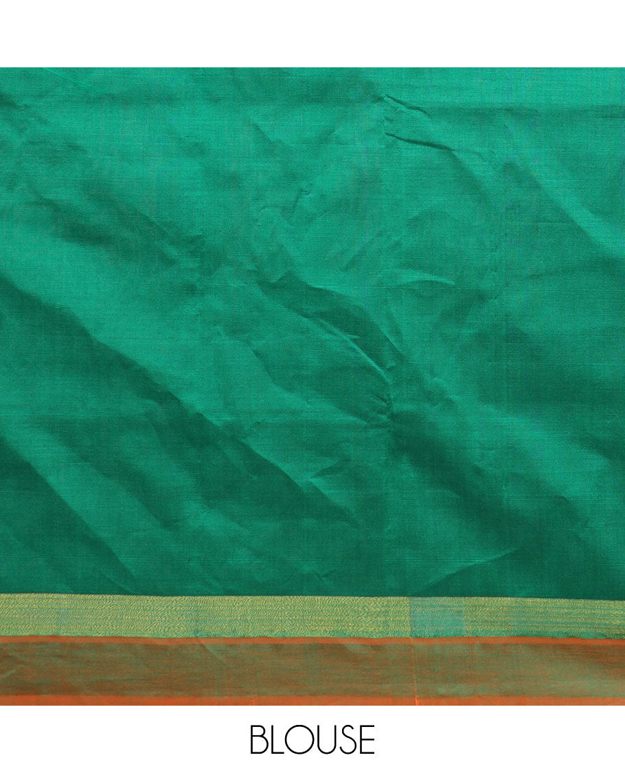Multi-color ikkat design poly cotton saree, striped border & contrast green zari striped pallu