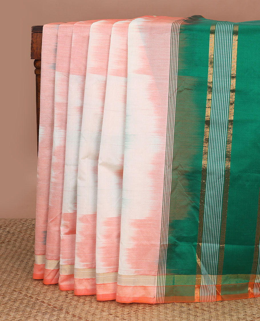 Multi-color ikkat design poly cotton saree, striped border & contrast green zari striped pallu