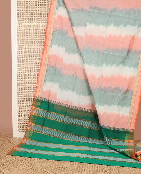 Multi-color ikkat design poly cotton saree, striped border & contrast green zari striped pallu