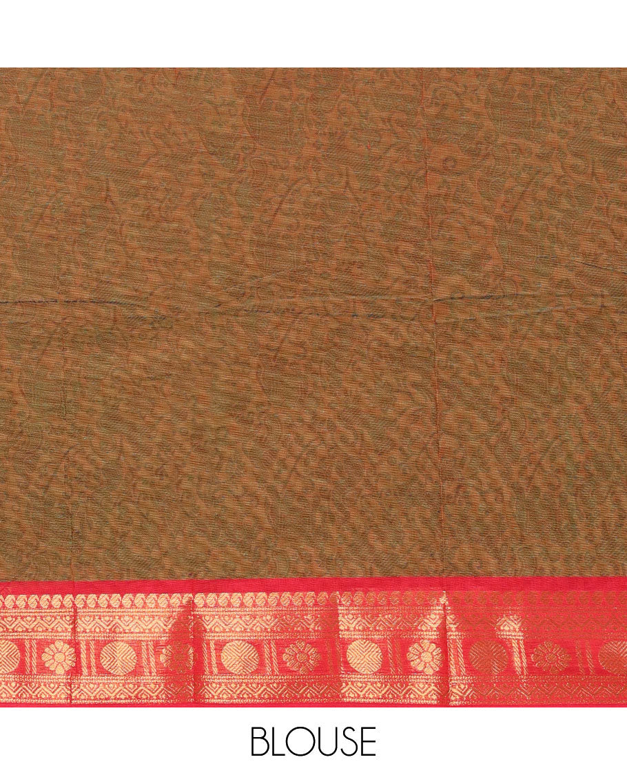 Brown chettinad cotton saree with contrast zari design border & striped pallu