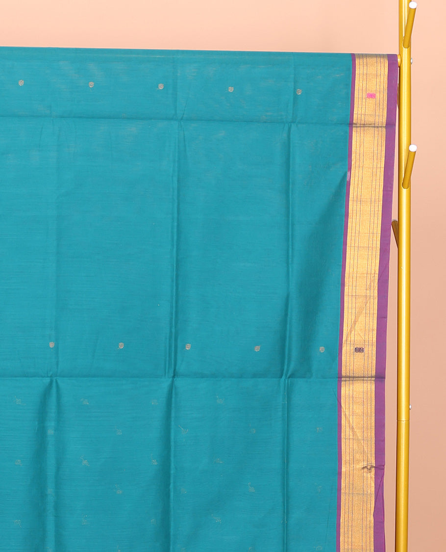 Blue Venkatagiri Cotton Saree Features Buttas, a Contrast Zari-Thread Border, Pallu of Stripes, and No Blouse