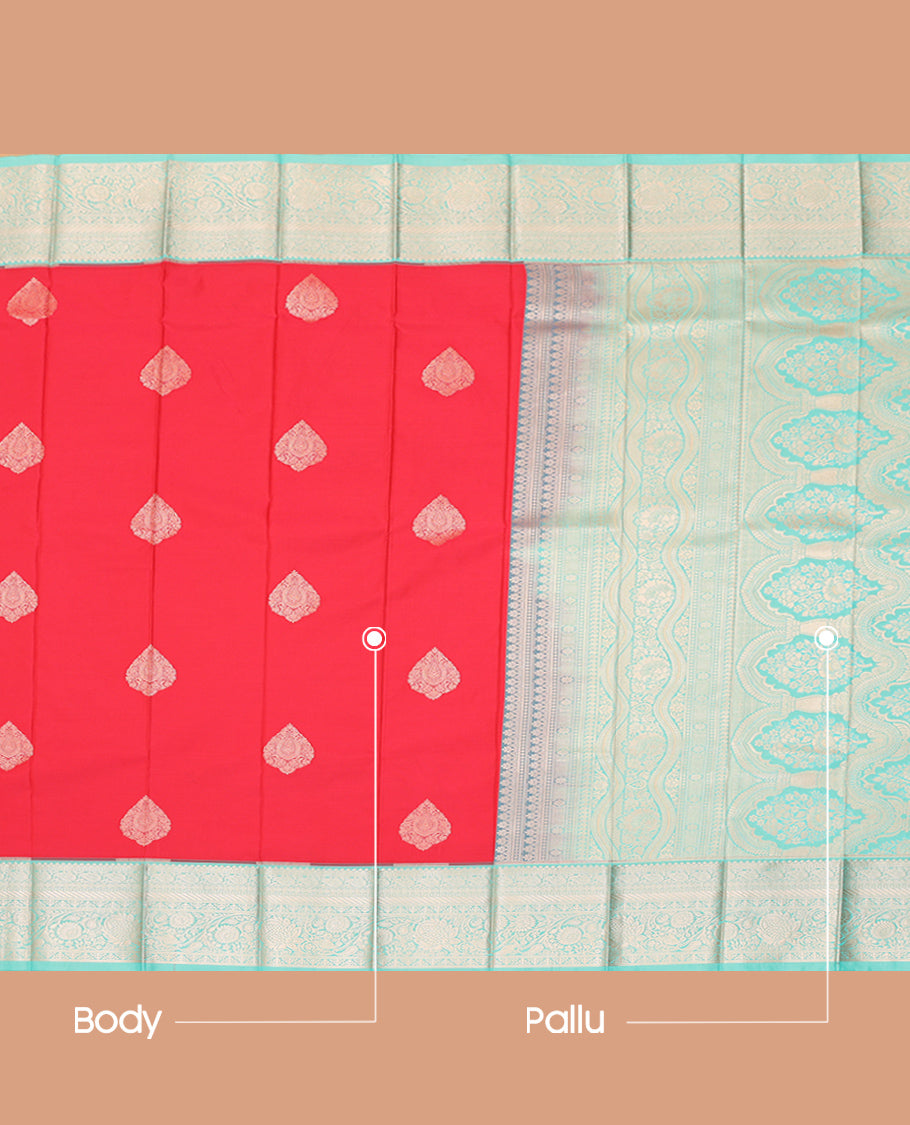 Red Budget Silk Saree, Detailed with Zari Buttas, Complemented by Contrast Traditional Zari Border, a Grand Pallu and a Contrast Blouse