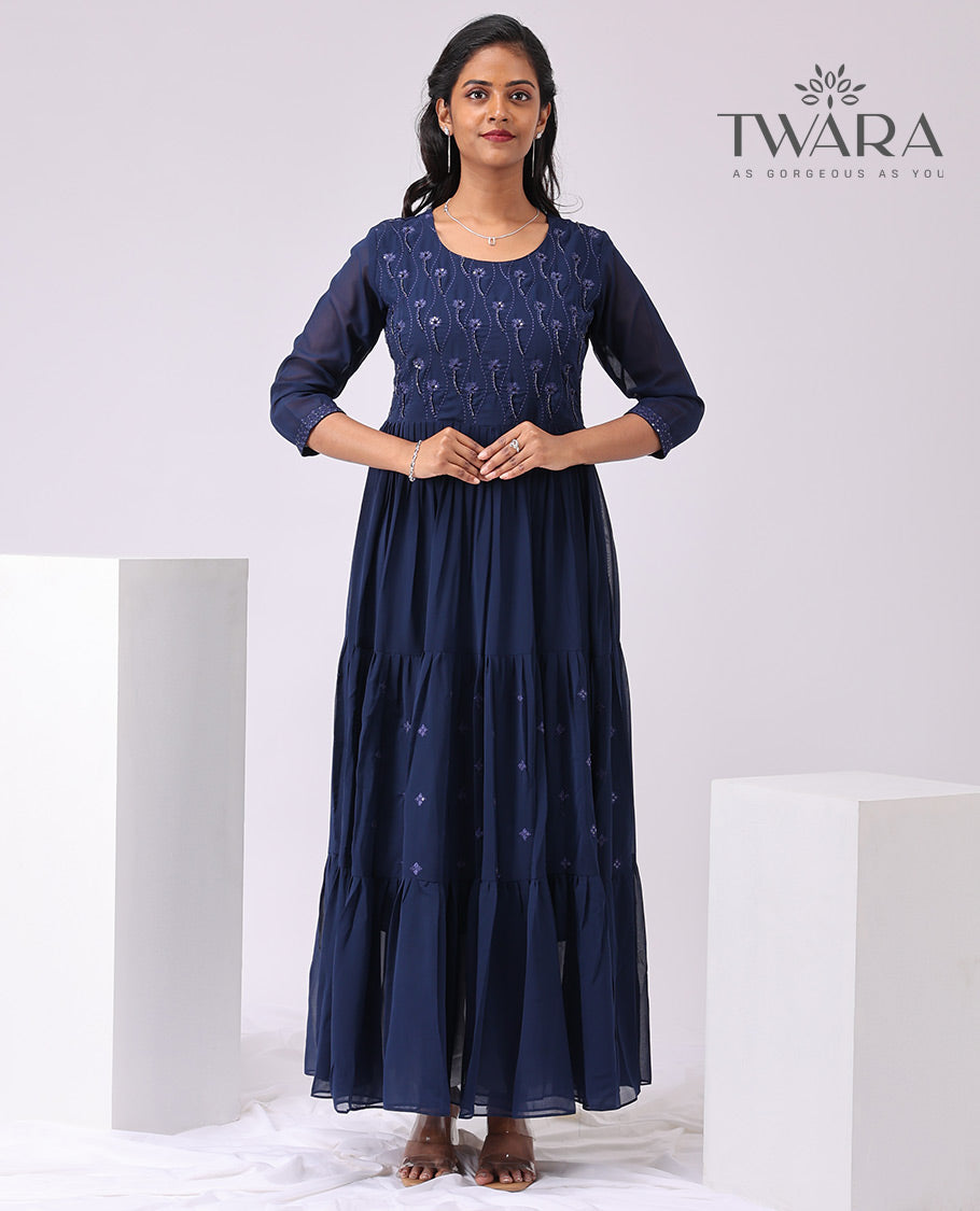 Twara blue floral embroidered round neck , 3/4 th sleeve , full lenght kurti