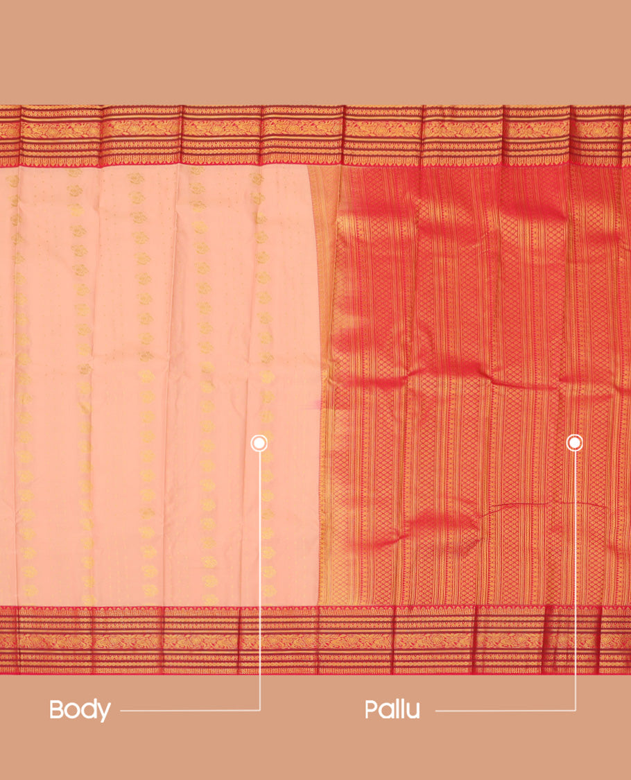 Peach Budget Silk Saree, Sparsely Woven with Zari Buttas, a Contrast Traditional Zari Border, Grand Pallu, and a Contrast Blouse