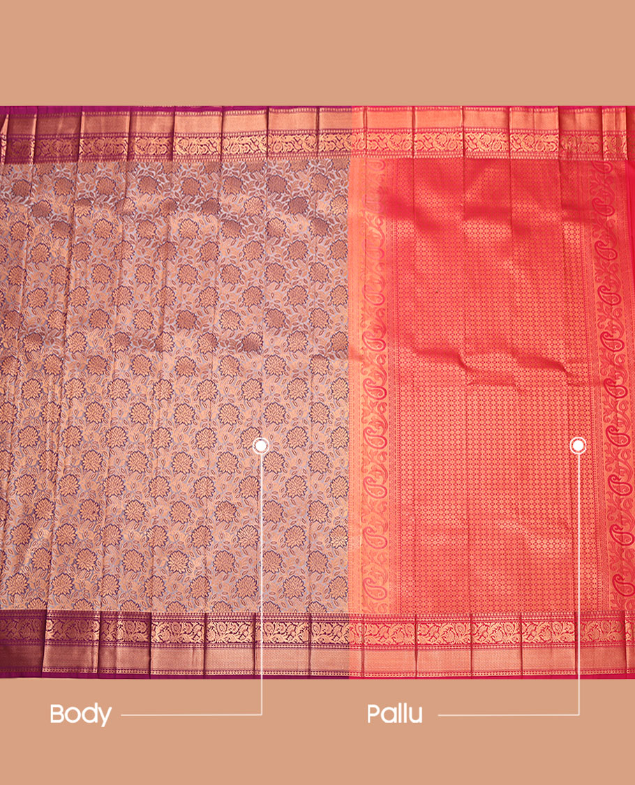 Grey Budget Silk Saree, Elevated with Floral Jacquard Design, Complemented by a Contrast Traditional Zari Border, Grand Pallu, and Contrast Blouse