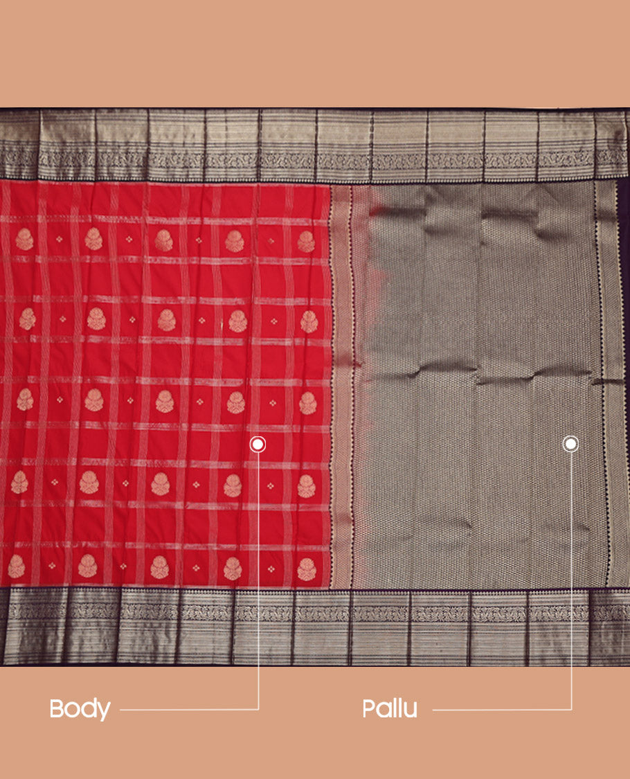 Red Budget Silk Saree, Accentuated with Zari Butta Enclosed Checked Design on Its Body, Complemented by a Contrast Traditional Zari Design Border, Grand Jaal-Patterned Pallu, and Paired with a Contrast Blouse