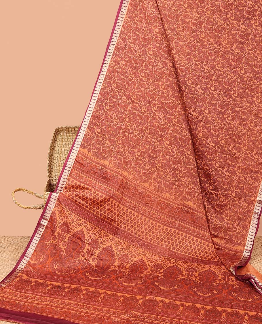 Orange paisley vine semi-banaras printed saree, contrast paisleys border & intricate pallu