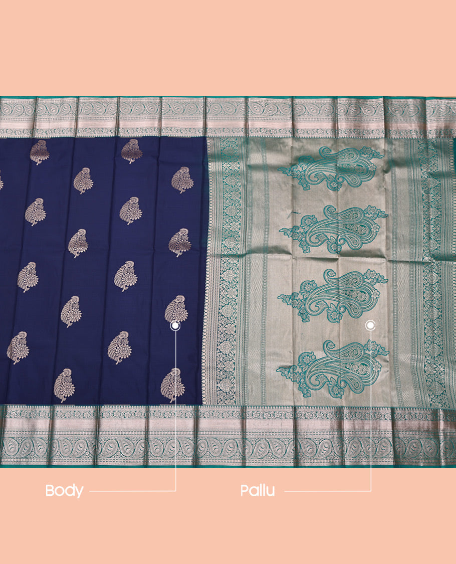 Blue Budget Silk Saree, Gleamed Up with Zari Buttas All Over Its Body, Complemented by a Contrast Traditional Zari Design Border, Intricate Pallu, and Paired with a Contrast Blouse
