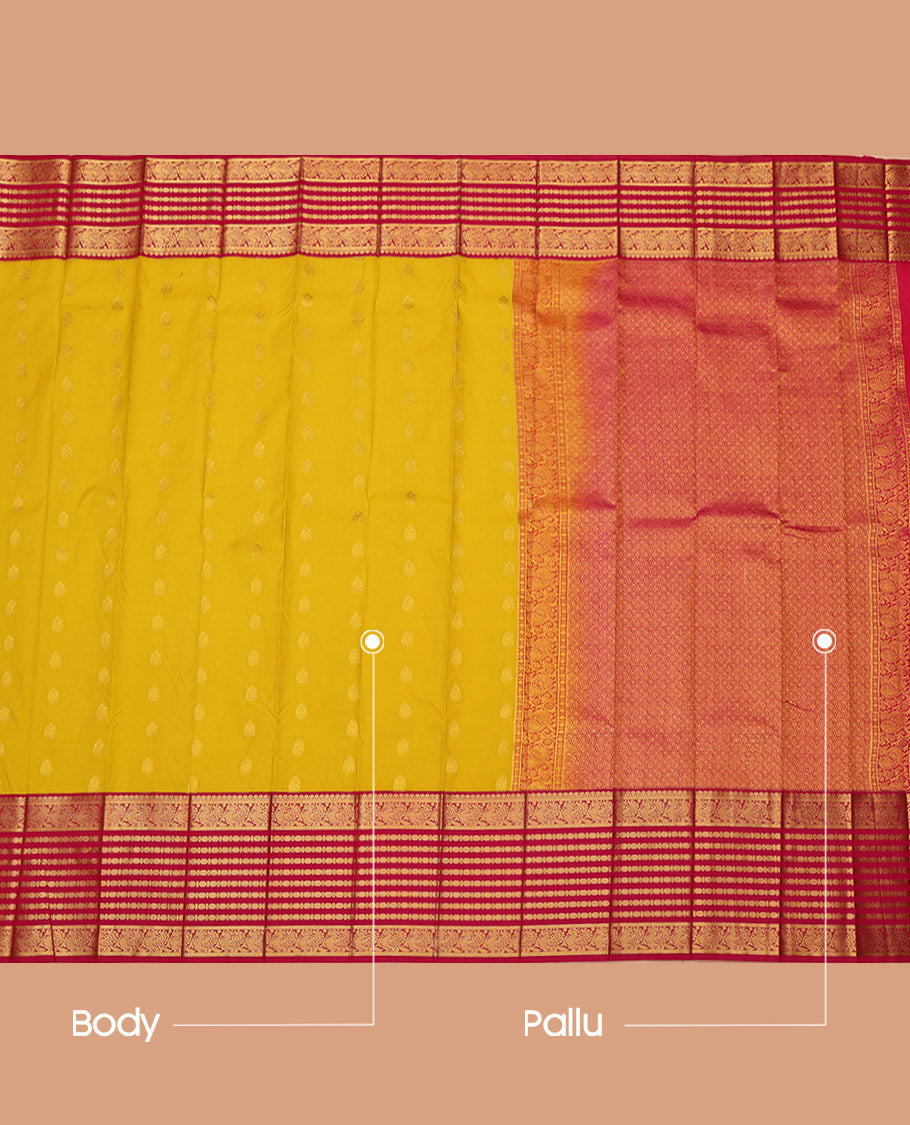 Yellow Budget Silk Saree, Sparsely Sparkled with Zari Buttas All Over Its Body, Complemented by Contrast Traditional Zari Border of Peacock and Rudrksham Designs, Grand Jaal-Patterned Pallu, and Paired with a Contrast Blouse