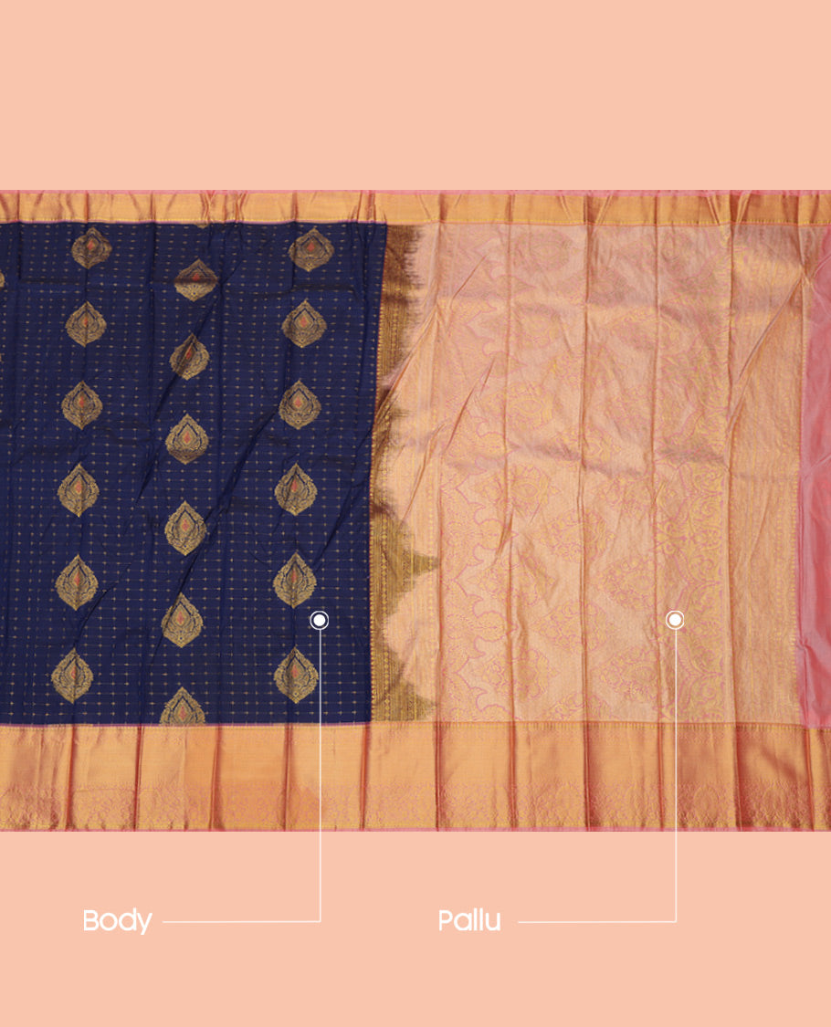 Blue Budget Silk Saree, Enriched with Zari Buttas and Checks, a Contrast Traditional Zari Border, Grand Pallu, and a Contrast Blouse