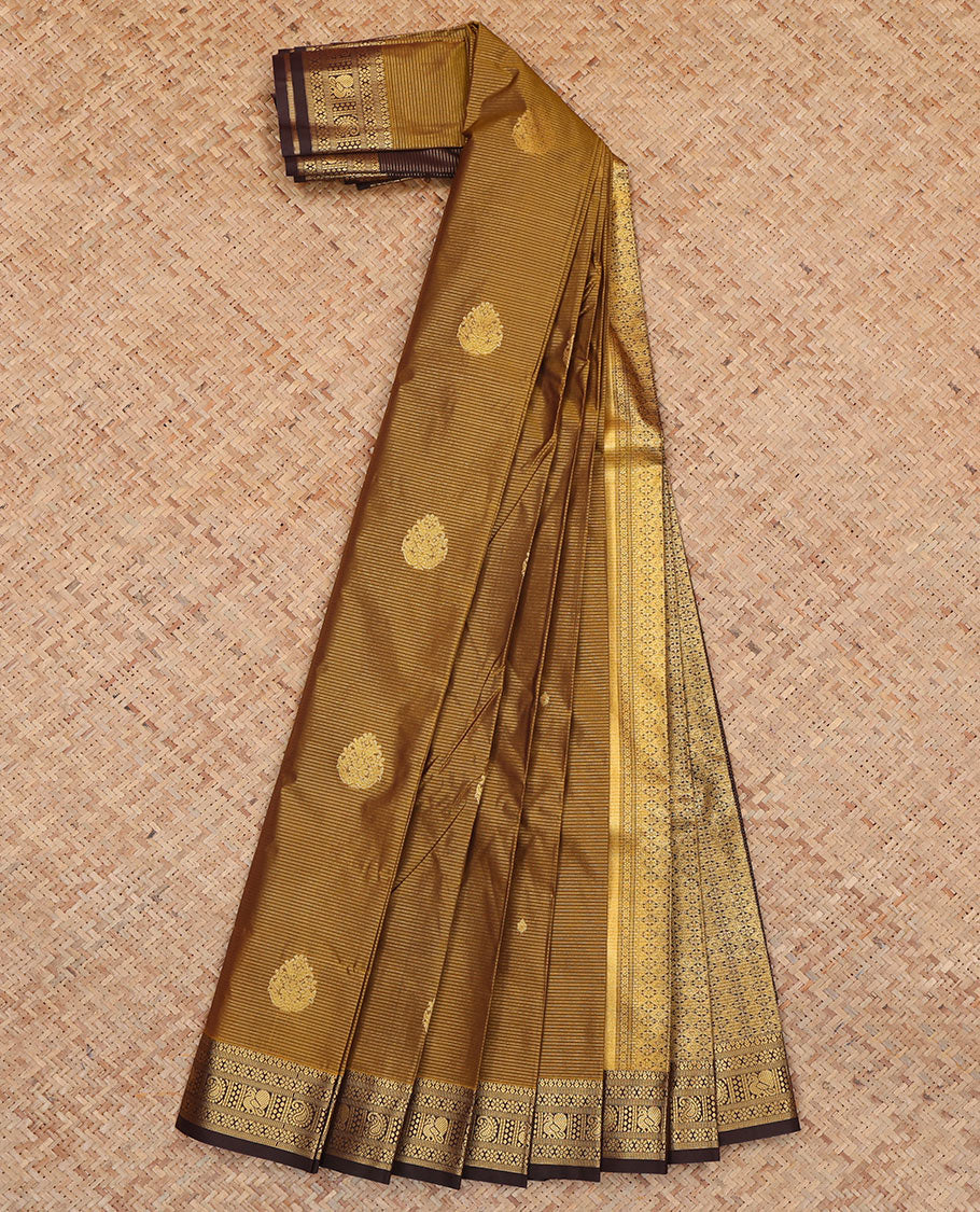 Brown Budget Silk Saree, Adorned with Zari Buttas and Stripes, Complemented by Contrast Traditional Zari Border, a Jaal Pallu and a Contrast Blouse