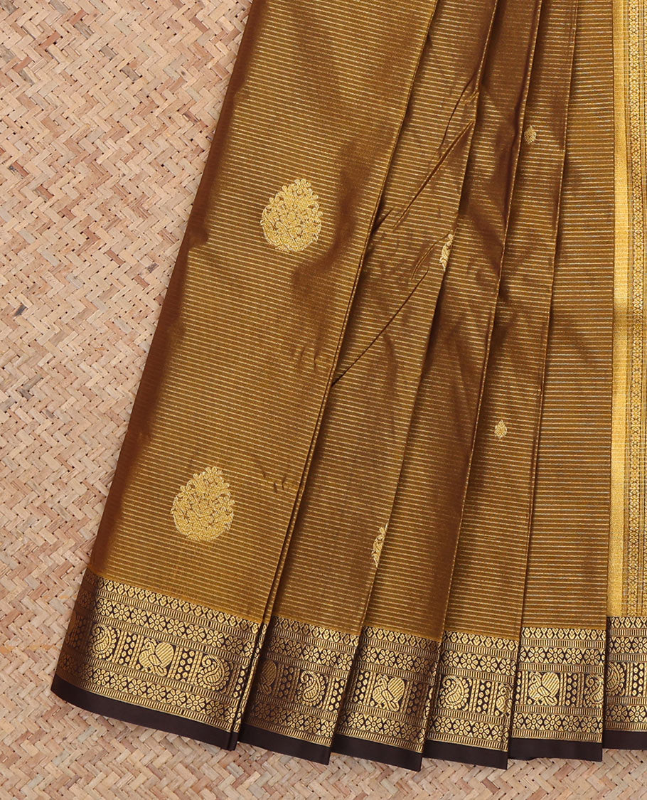 Brown Budget Silk Saree, Adorned with Zari Buttas and Stripes, Complemented by Contrast Traditional Zari Border, a Jaal Pallu and a Contrast Blouse