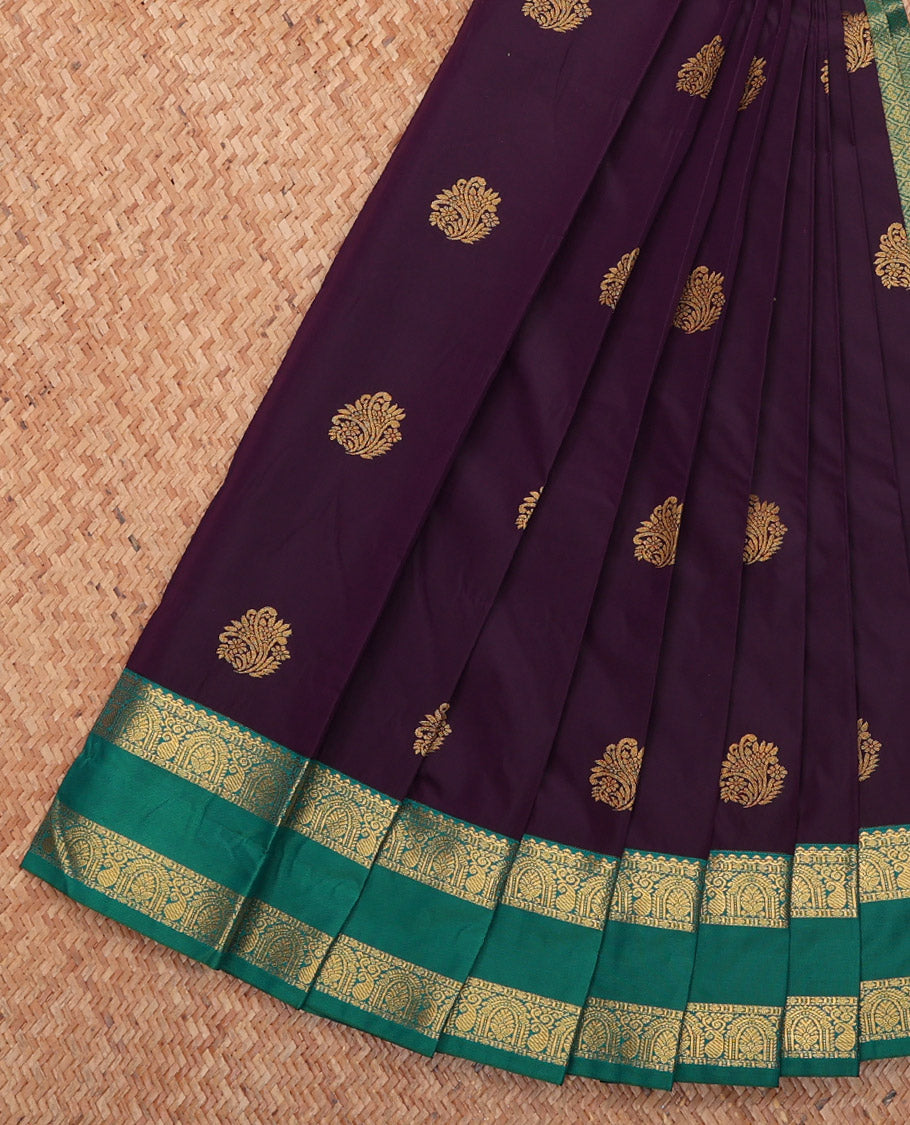 Dark Purple Budget Silk Saree, Decorated with Zari Buttas, Complemented by a Contrast Traditional Zari Rettai Pettu Border, Grand Pallu, and Contrast Blouse