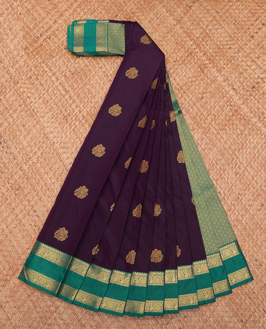 Dark Purple Budget Silk Saree, Decorated with Zari Buttas, Complemented by a Contrast Traditional Zari Rettai Pettu Border, Grand Pallu, and Contrast Blouse